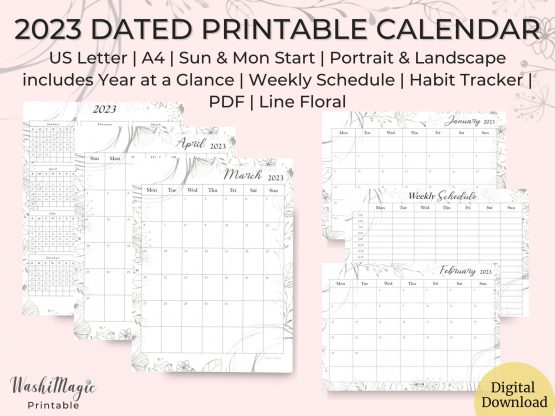 2023 dated printable calendar line floral pic1-2-c1
