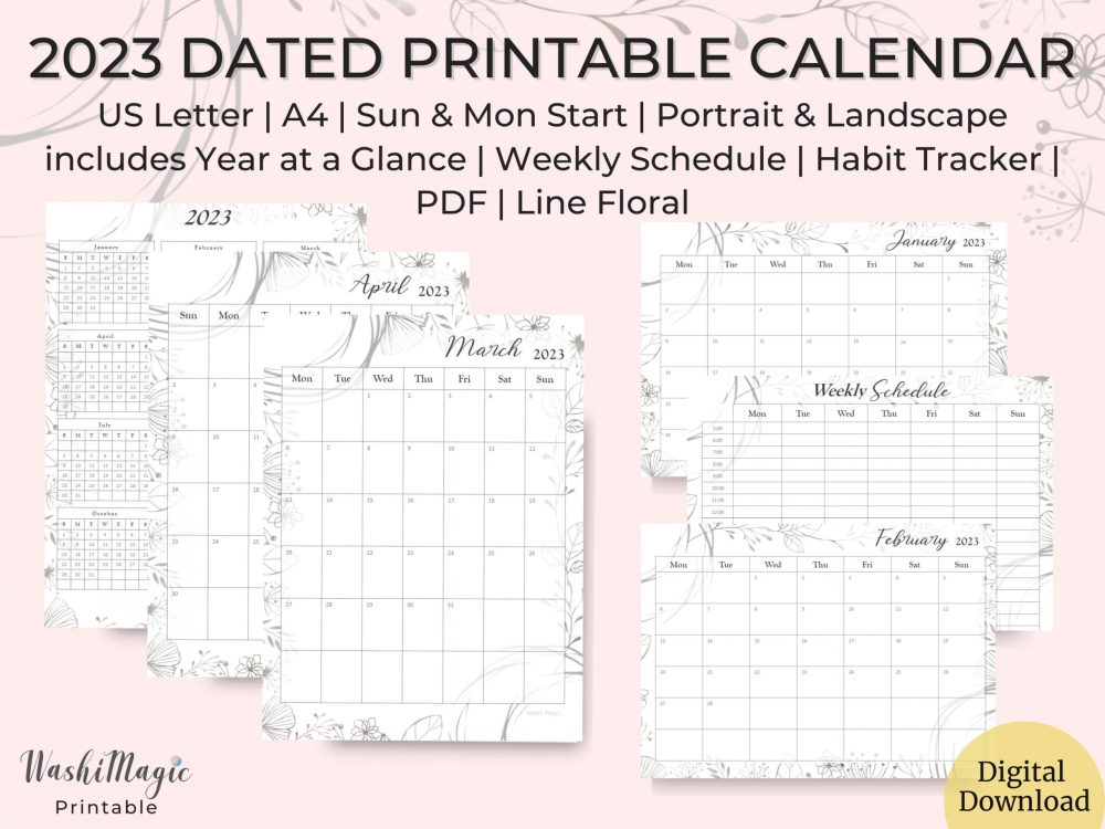 2023 Dated Printable Calendar Line Floral - Washi Magic Shop