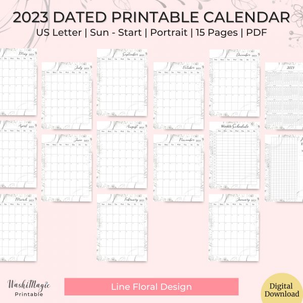 2023 dated printable calendar line floral pic2-c2