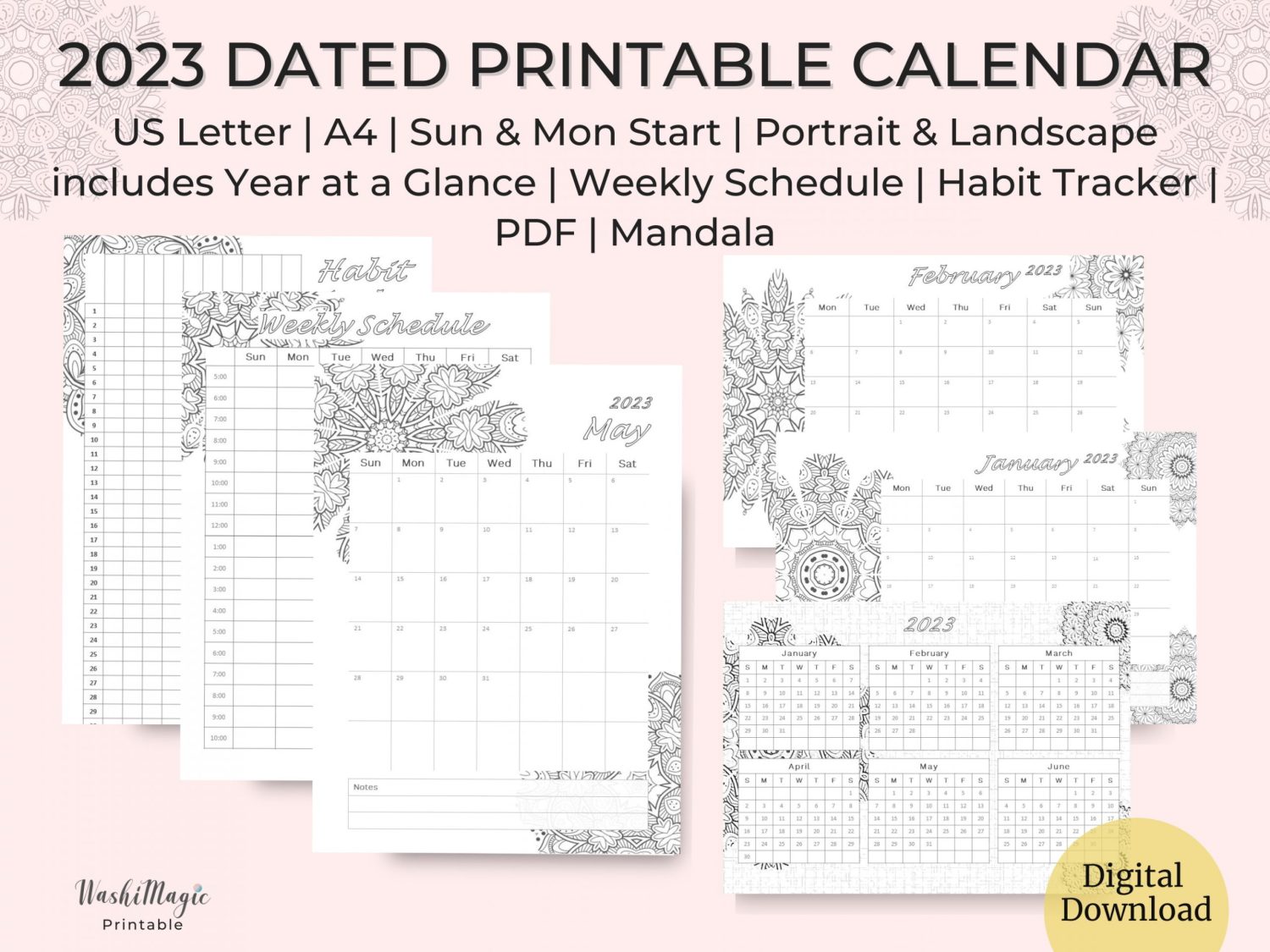 2023 Dated Printable Calendar Mandala - Washi Magic Shop