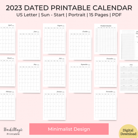 2023 Dated Printable Calendar | Habit tracker | 2023 Year at a glance | Weekly schedule | 2023 monthly printable calendar | 2023 calendar printable pdf | May 2023 printable calendar | 2023 monthly calendar printable pdf | shop.washimagic.com