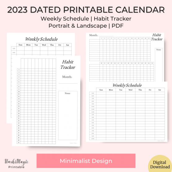 2023 Dated Printable Calendar | Habit tracker | 2023 Year at a glance | Weekly schedule | 2023 monthly printable calendar | 2023 calendar printable pdf | May 2023 printable calendar | shop.washimagic.com