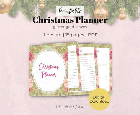Printable Christmas Planner Glitter Gold Leaves | Christmas planner printables | Christmas planner pdf | Christmas printables pdf | shop.washimagic.com
