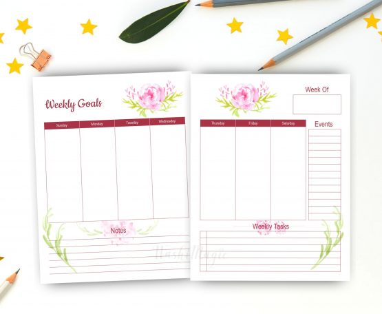 Printable Pink Floral Undated Weekly Daily Monthly Planner | Weekly planner printable | Daily weekly planner printable | Weekly planner printable pdf | Pink flowers weekly planner | Weekly goals planner | shop.washimagic.com